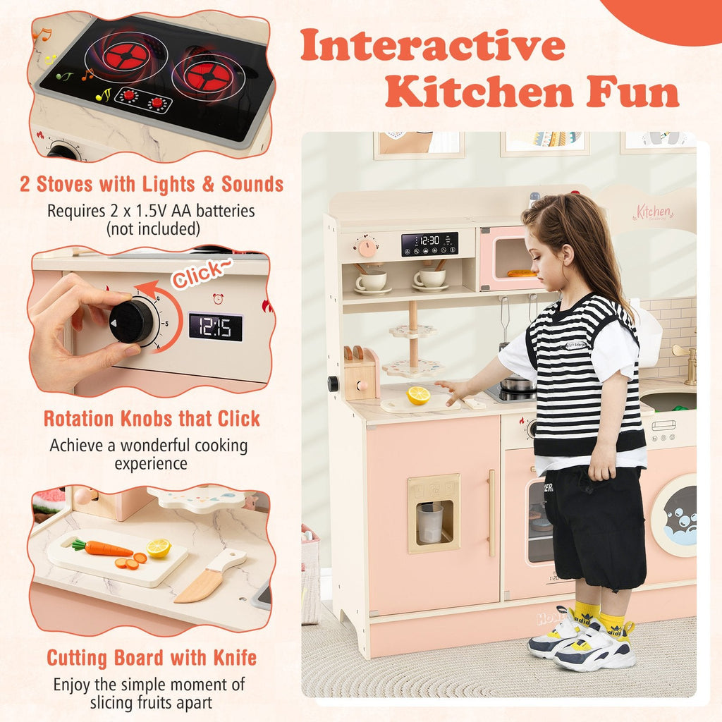 Children Pretend Toy Kitchen Playset with Light and Sound-Pink