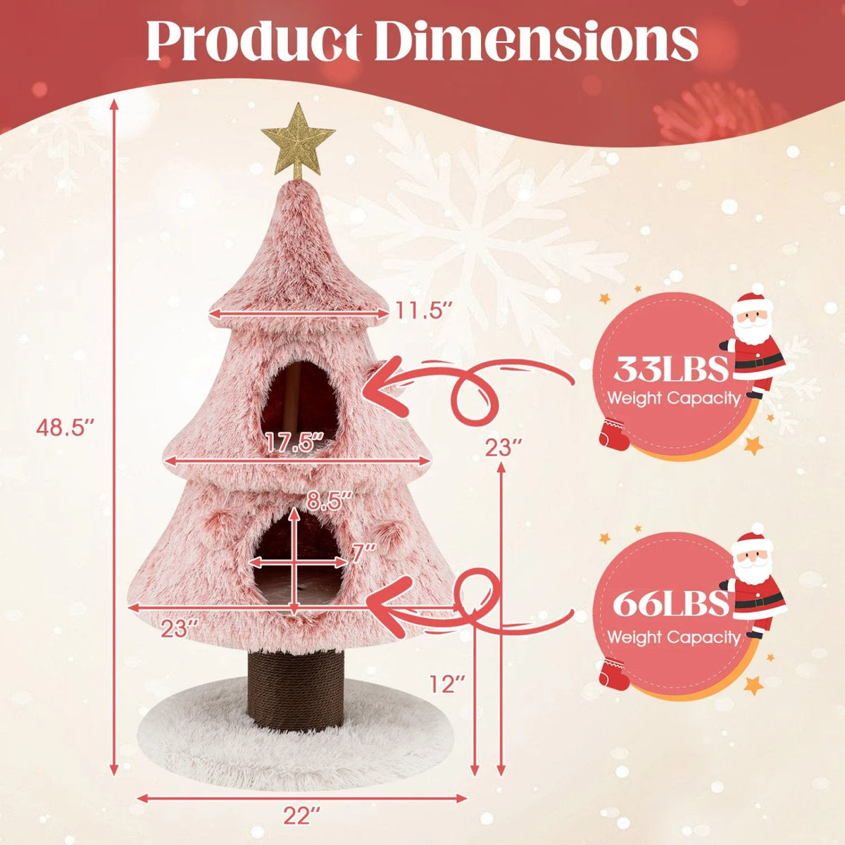 48.5 Inch Pink Christmas Tree Cat Tower with Two Condos and a Jute Post