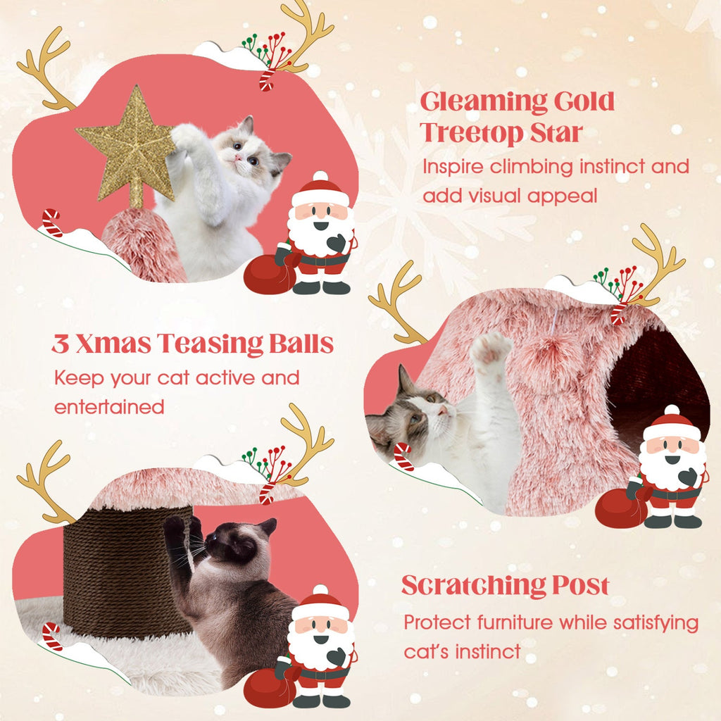 48.5 Inch Pink Christmas Tree Cat Tower with Two Condos and a Jute Post