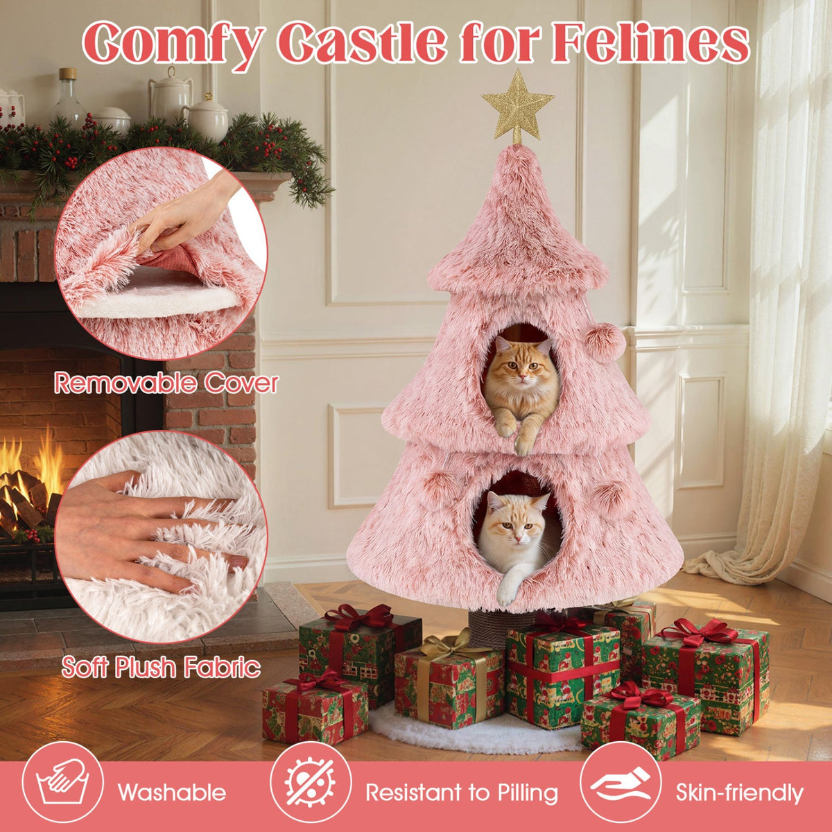 48.5 Inch Pink Christmas Tree Cat Tower with Two Condos and a Jute Post