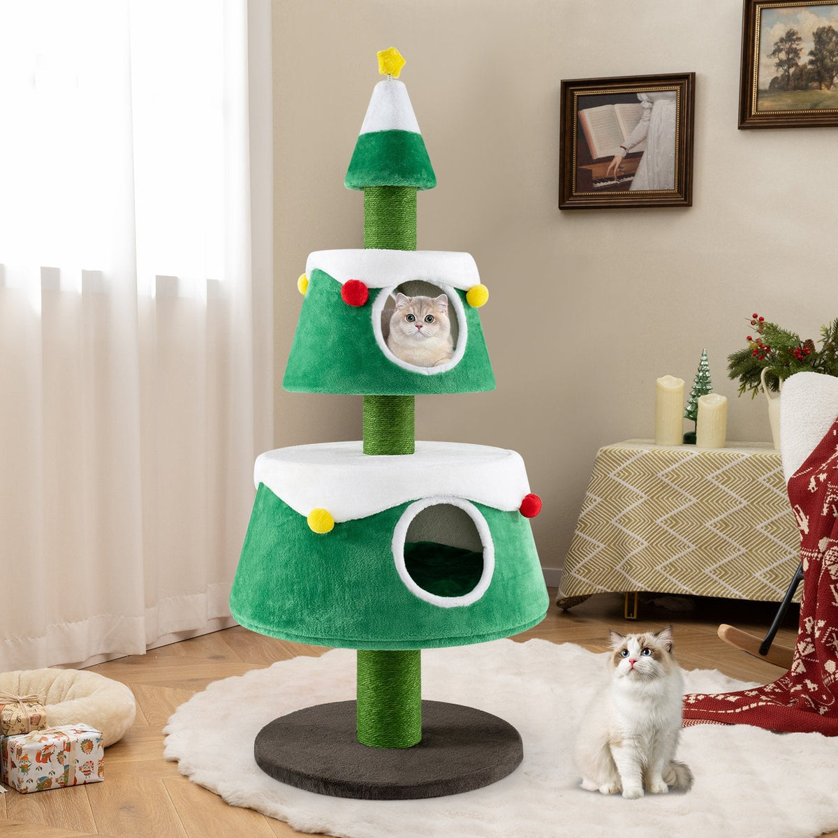 60 Inch Christmas Tree Cat Tower with Two Through Condos and Thick Posts