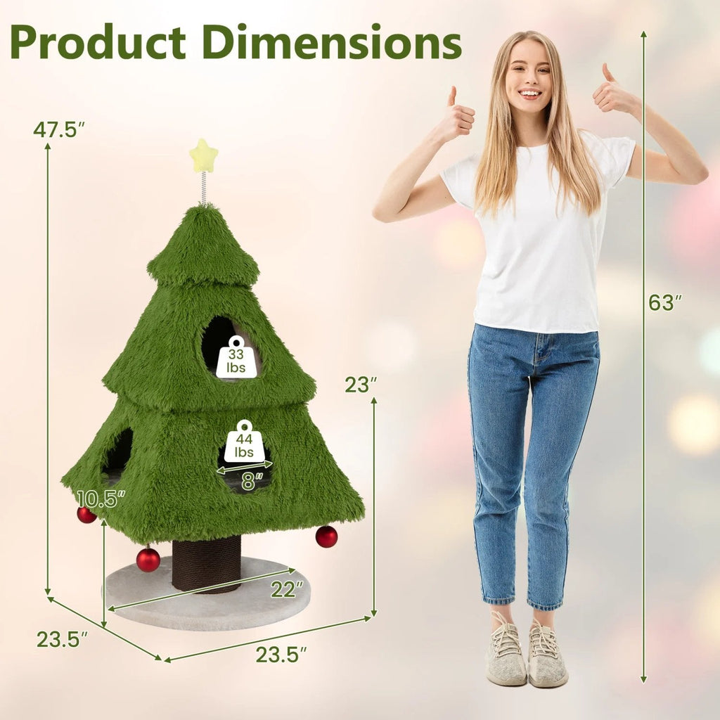 47.5 Inch Christmas Cat Tree with Three Tiers and a Two Door Lower Nest