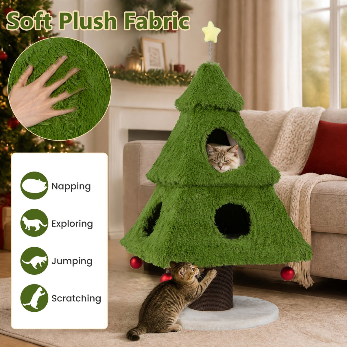 47.5 Inch Christmas Cat Tree with Three Tiers and a Two Door Lower Nest