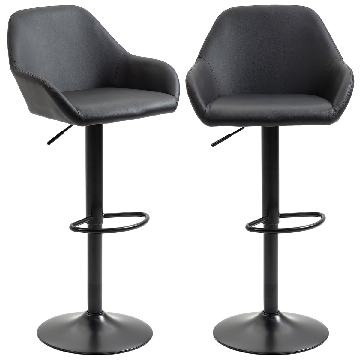 Adjustable Bar Stools Set of 2, Swivel Barstools with Footrest and Back, PU Leather and Steel Round Base, Black