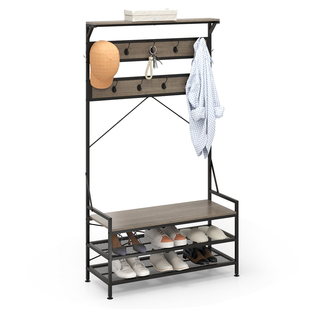 Coat Rack 4-In-1 Hall Tree with 11 Hanging Hooks Shoe Bench-Gray