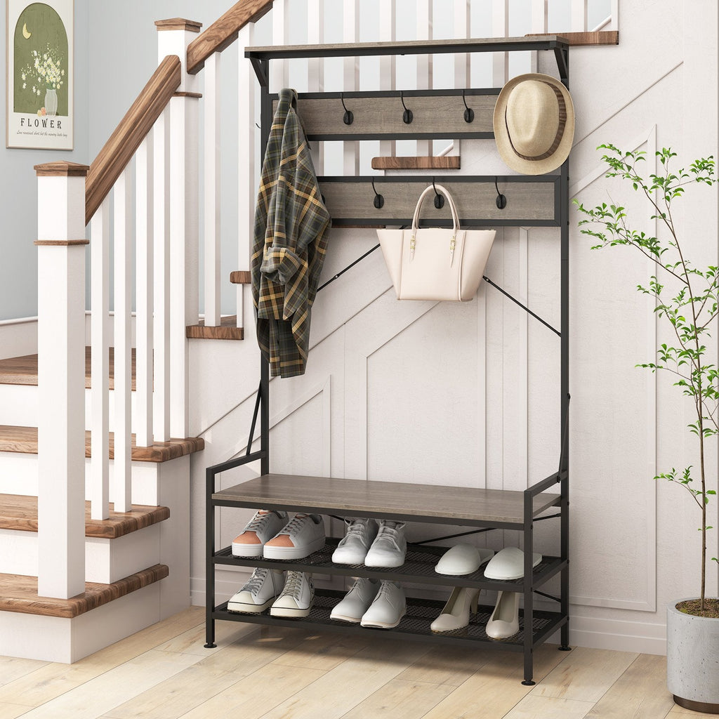 Coat Rack 4-In-1 Hall Tree with 11 Hanging Hooks Shoe Bench-Gray
