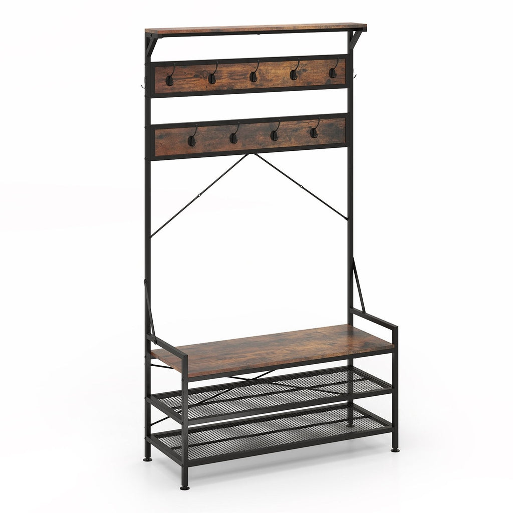 Coat Rack 4-In-1 Hall Tree with 11 Hanging Hooks Shoe Bench-Rustic Brown