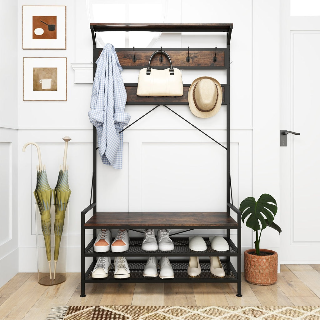 Coat Rack 4-In-1 Hall Tree with 11 Hanging Hooks Shoe Bench-Rustic Brown