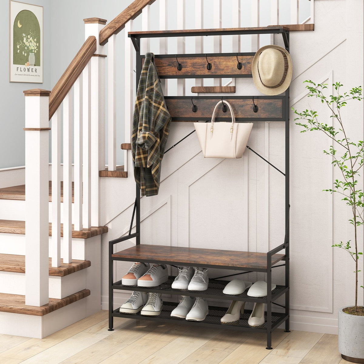 Coat Rack 4-In-1 Hall Tree with 11 Hanging Hooks Shoe Bench-Rustic Brown
