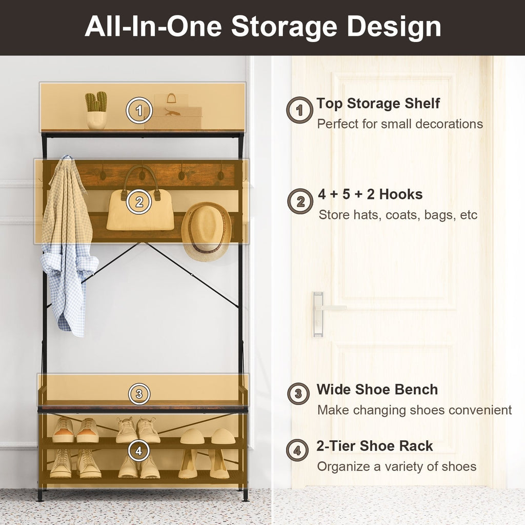 Coat Rack 4-In-1 Hall Tree with 11 Hanging Hooks Shoe Bench-Rustic Brown
