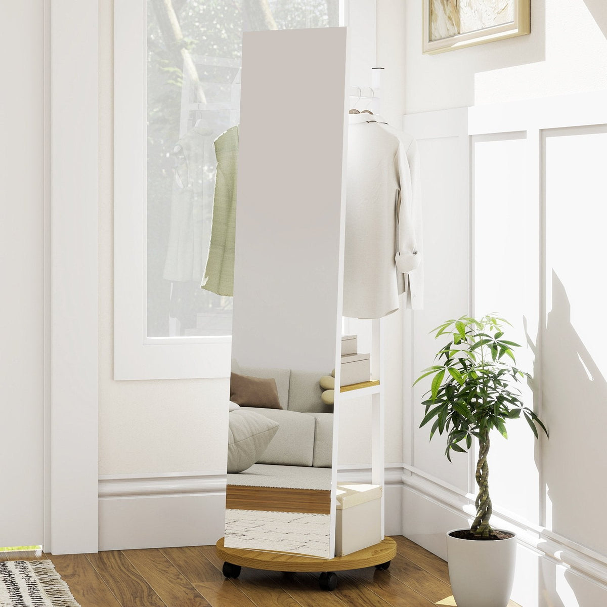 Coat Rack with Full Length Mirror Freestanding Coat Tree with 3 Hooks-Natural