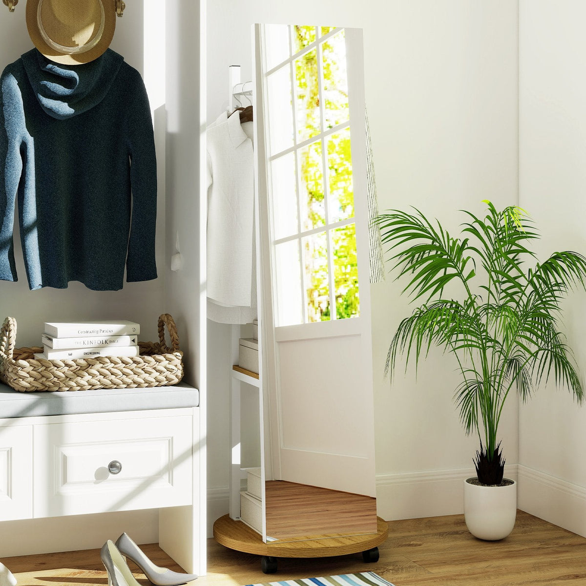 Coat Rack with Full Length Mirror Freestanding Coat Tree with 3 Hooks-Natural