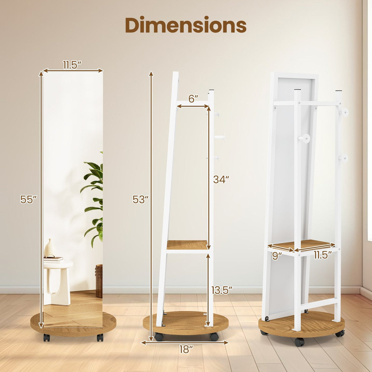 Coat Rack with Full Length Mirror Freestanding Coat Tree with 3 Hooks-Natural