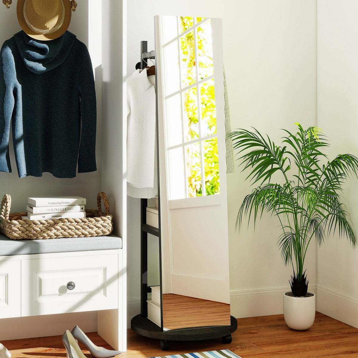 Coat Rack with Full Length Mirror Freestanding Coat Tree with 3 Hooks-Walnut