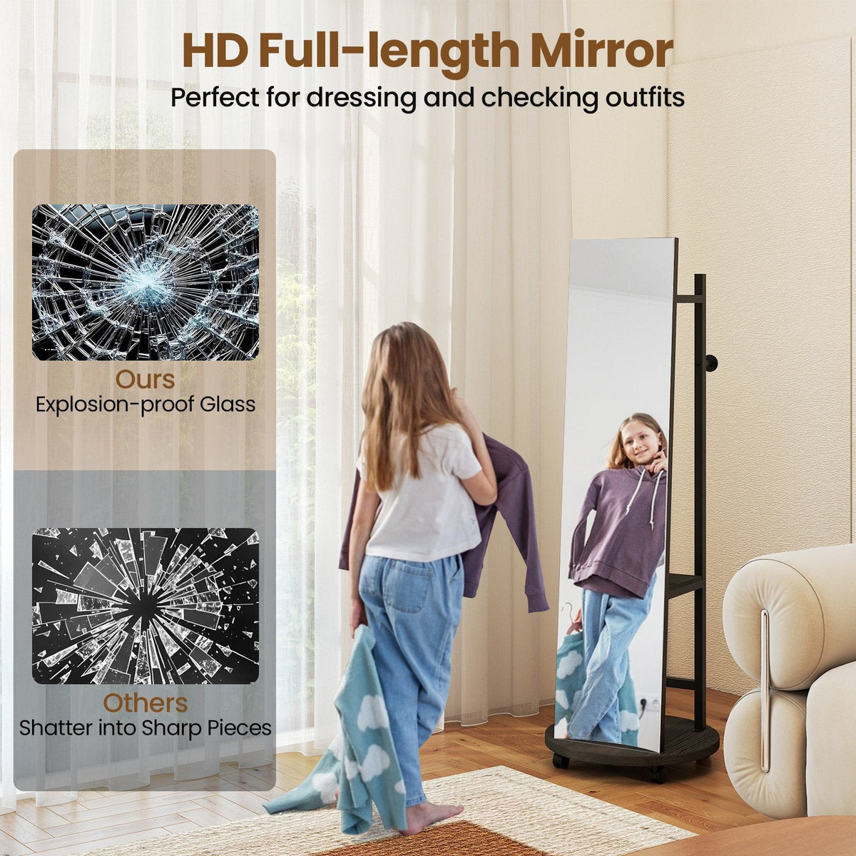 Coat Rack with Full Length Mirror Freestanding Coat Tree with 3 Hooks-Walnut