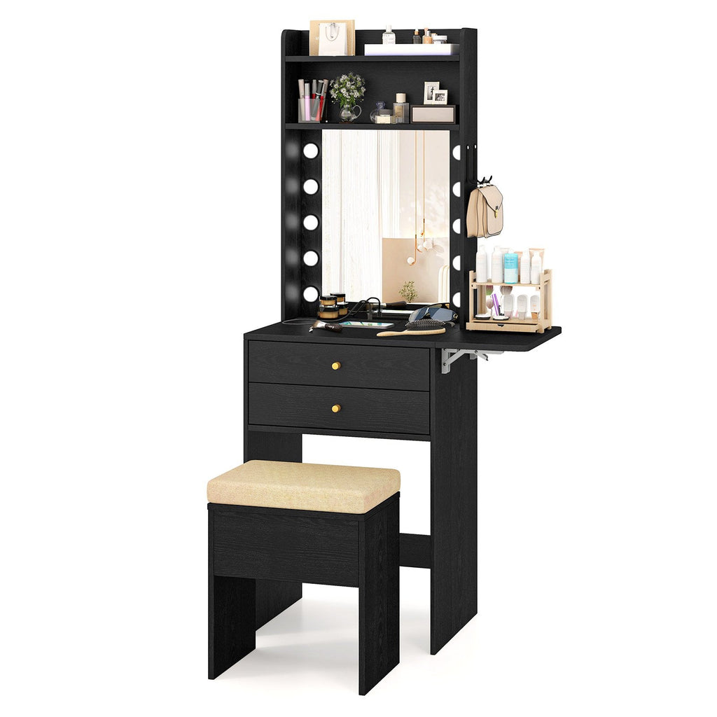 Compact Vanity Desk Set with 3-Color Lighted Mirror and Power Outlets-Black
