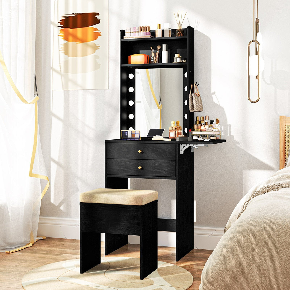 Compact Vanity Desk Set with 3-Color Lighted Mirror and Power Outlets-Black