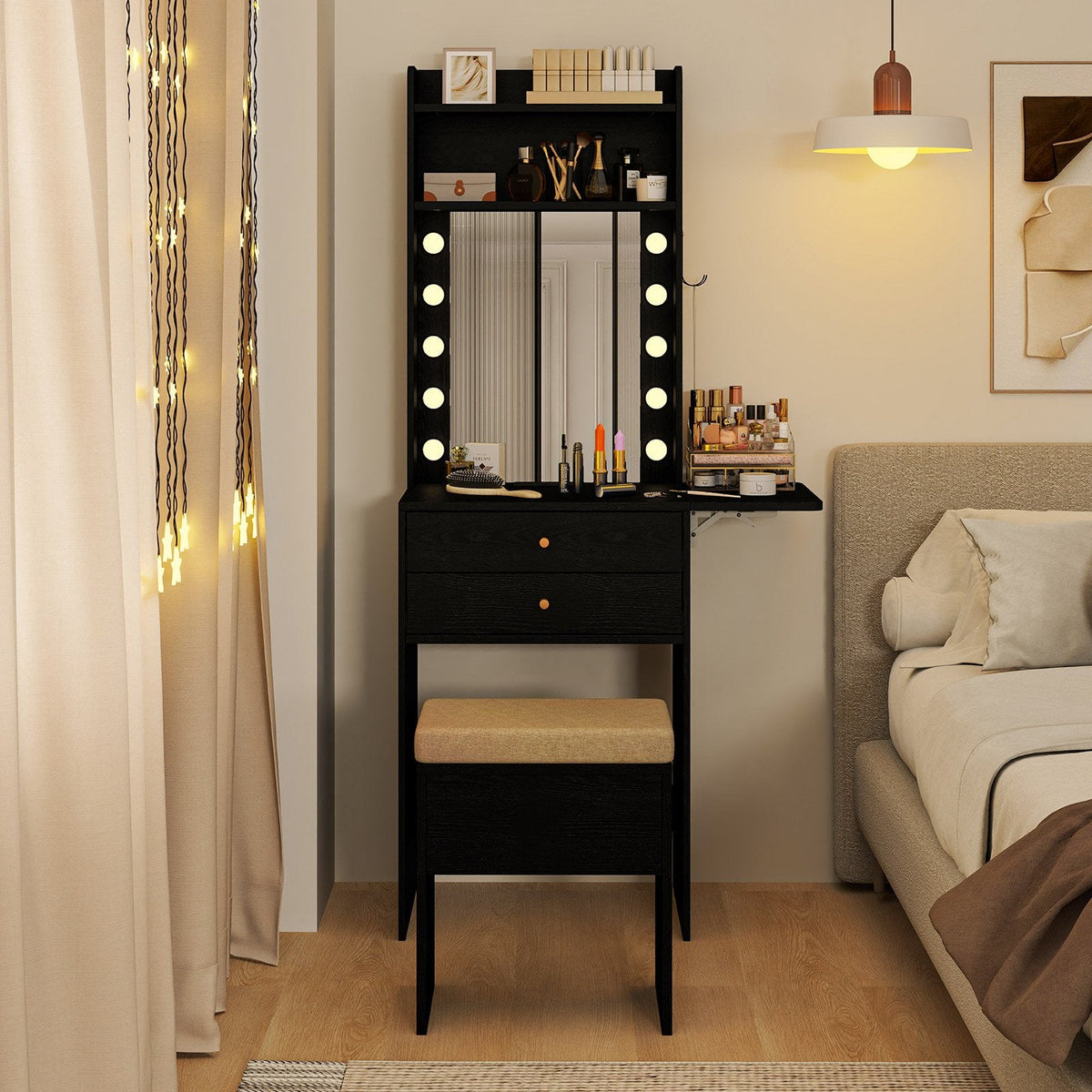 Compact Vanity Desk Set with 3-Color Lighted Mirror and Power Outlets-Black