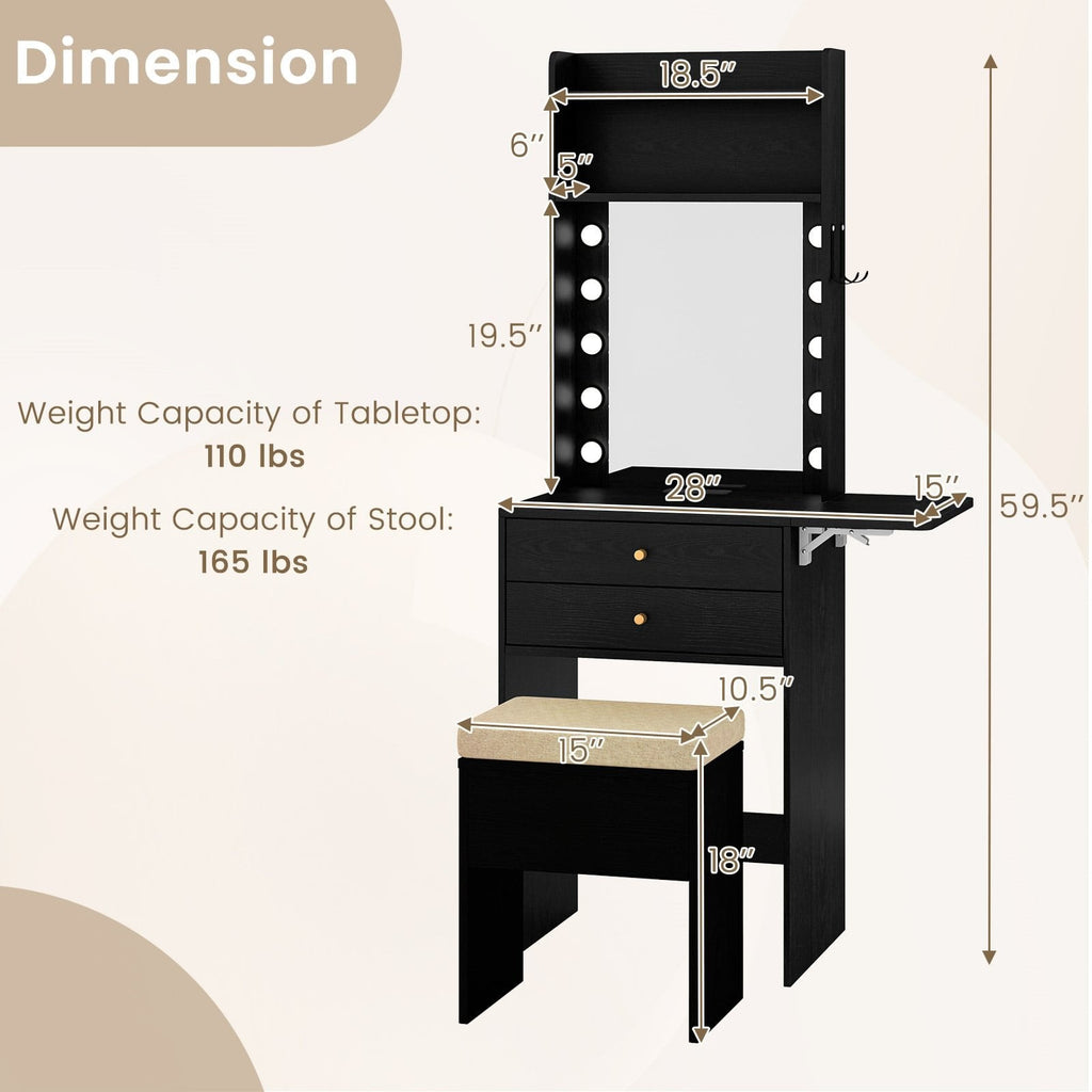 Compact Vanity Desk Set with 3-Color Lighted Mirror and Power Outlets-Black