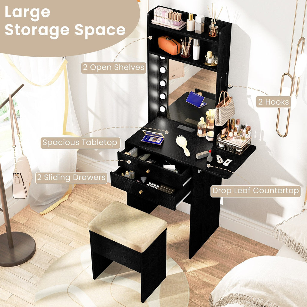 Compact Vanity Desk Set with 3-Color Lighted Mirror and Power Outlets-Black