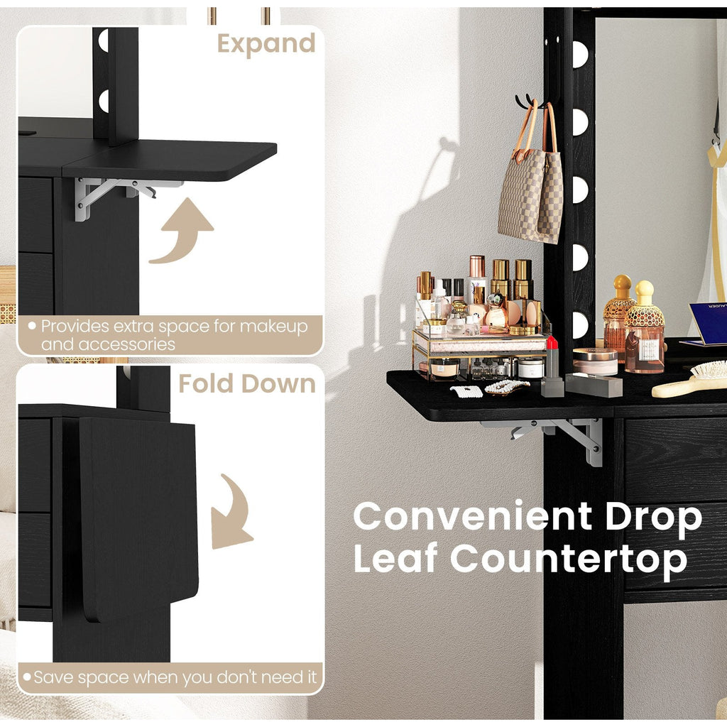 Compact Vanity Desk Set with 3-Color Lighted Mirror and Power Outlets-Black