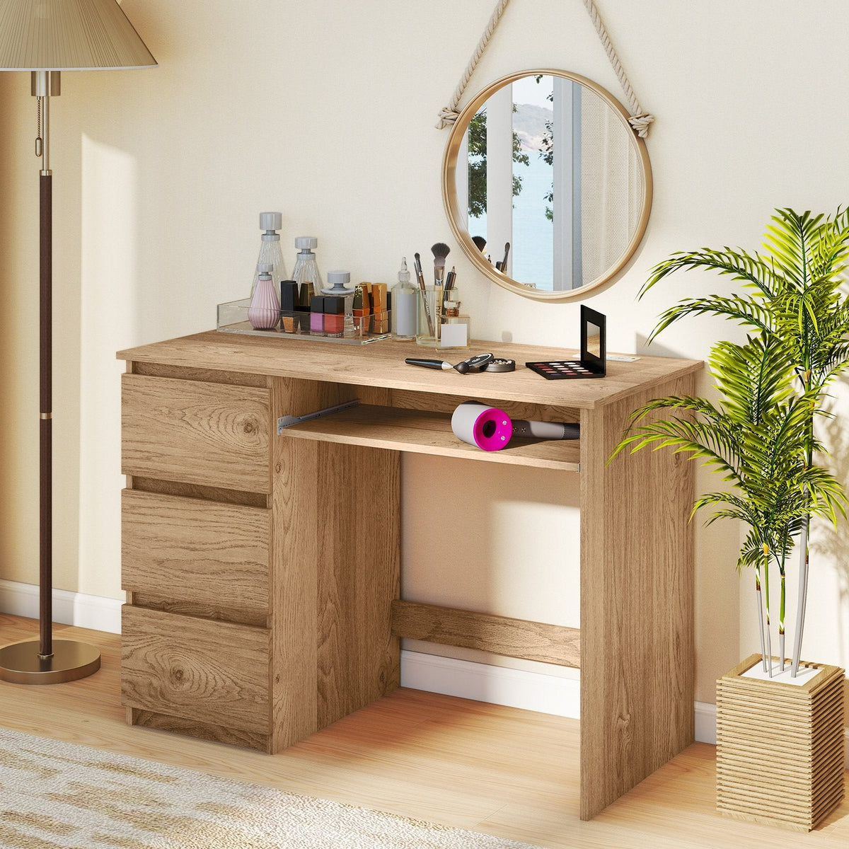 Computer Desk with Power Outlet Keyboard Tray and 3 Large Drawers-Natural