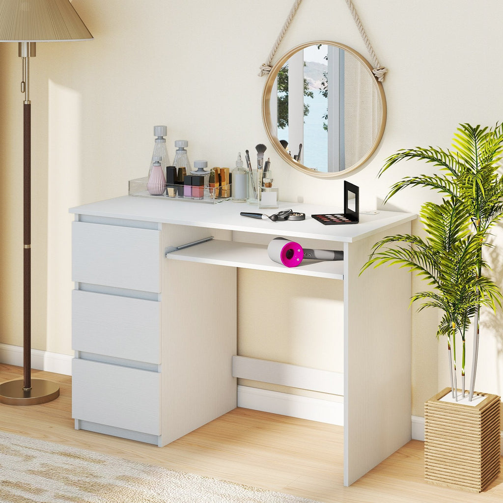 Computer Desk with Power Outlet Keyboard Tray and 3 Large Drawers-White