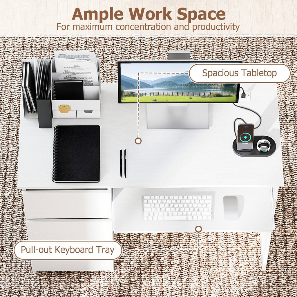 Computer Desk with Power Outlet Keyboard Tray and 3 Large Drawers-White
