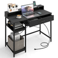 Computer Desk with Power Outlets 42inch Writing Desk with Hutch Drawer and 2 Open Shelves-Black