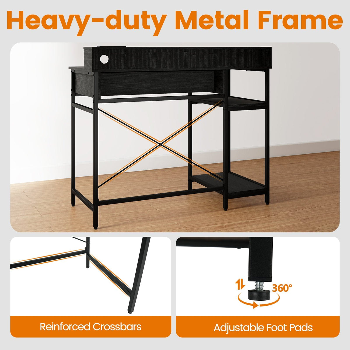 Computer Desk with Power Outlets 42inch Writing Desk with Hutch Drawer and 2 Open Shelves-Black