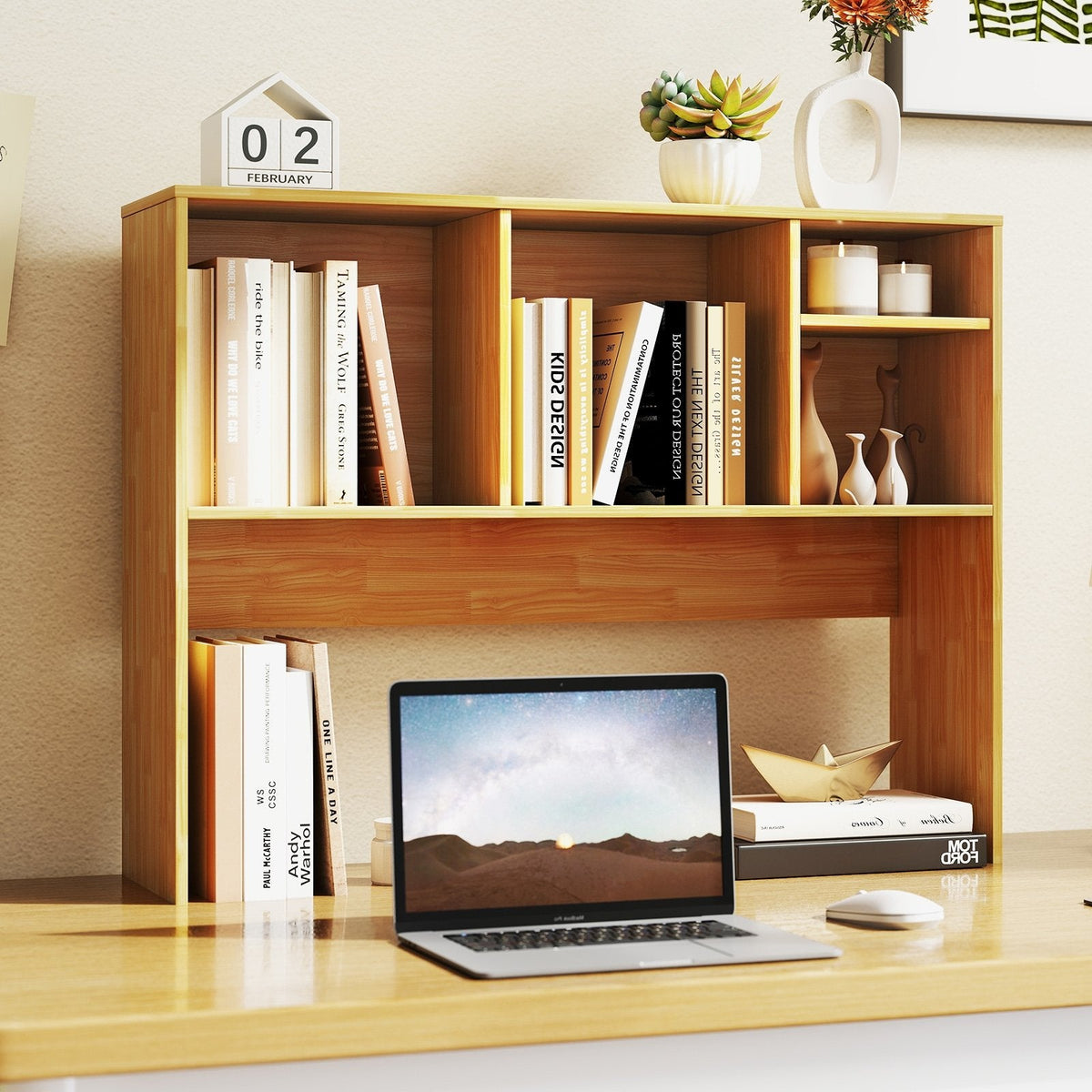Computer Desktop Bookcase with 4 Cubbies and Open Back Compartment-Beige