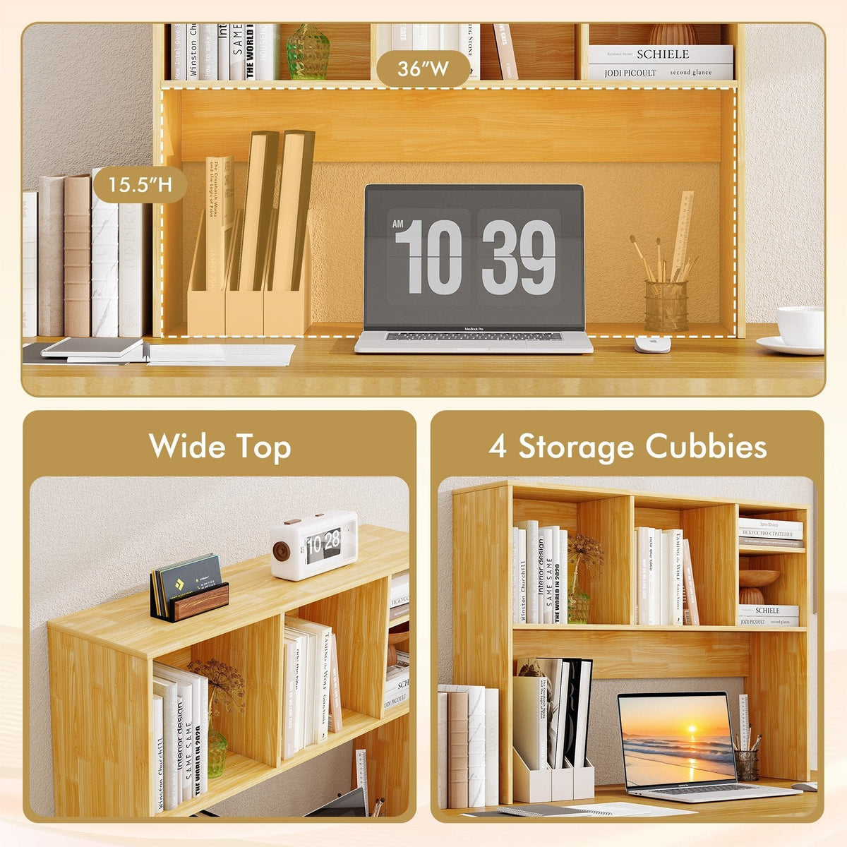 Computer Desktop Bookcase with 4 Cubbies and Open Back Compartment-Beige