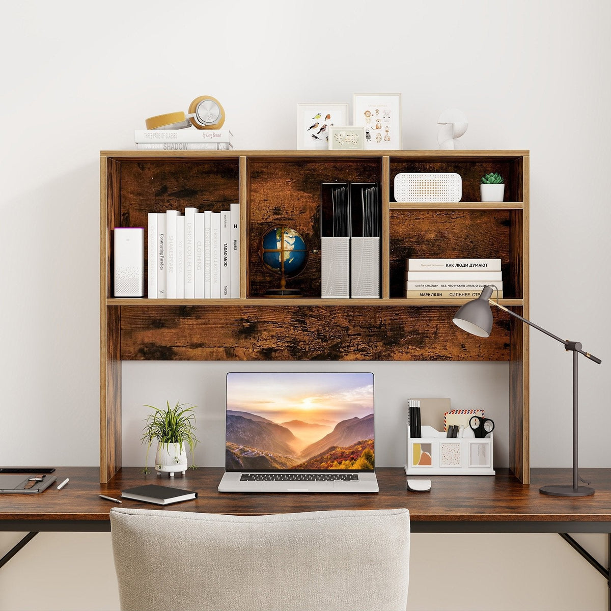 Computer Desktop Bookcase with 4 Cubbies and Open Back Compartment-Coffee