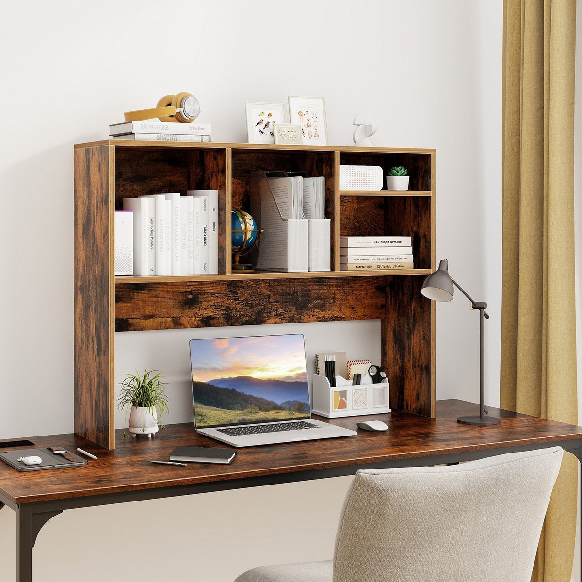 Computer Desktop Bookcase with 4 Cubbies and Open Back Compartment-Coffee
