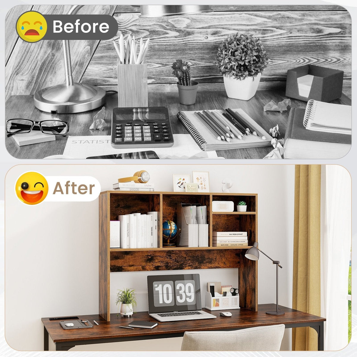 Computer Desktop Bookcase with 4 Cubbies and Open Back Compartment-Coffee