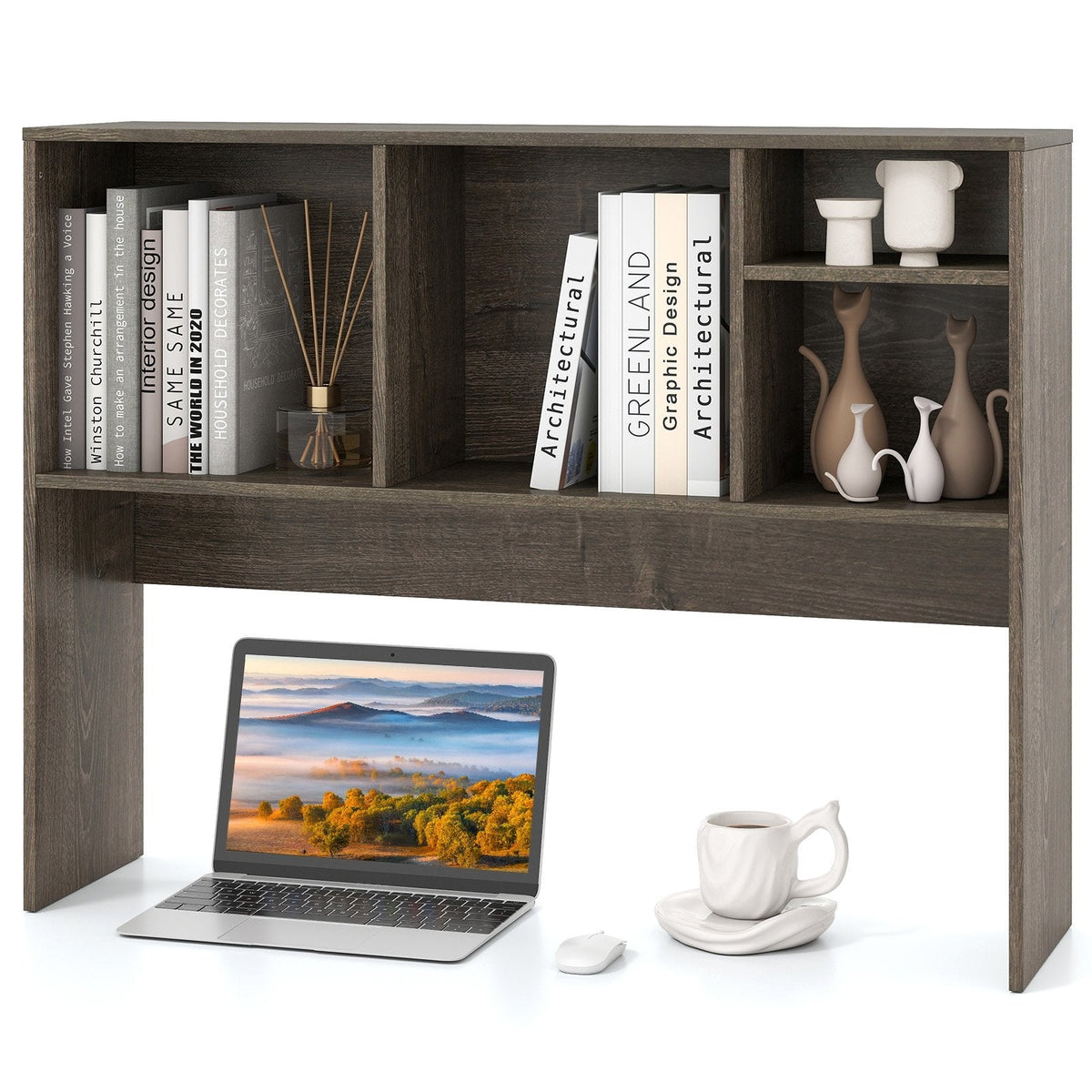 Computer Desktop Bookcase with 4 Cubbies and Open Back Compartment-Gray