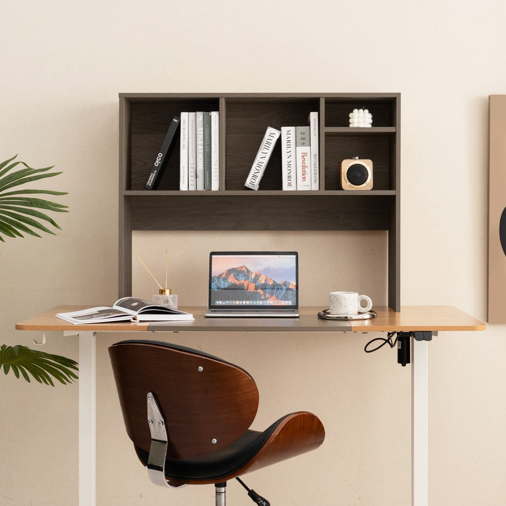 Computer Desktop Bookcase with 4 Cubbies and Open Back Compartment-Gray