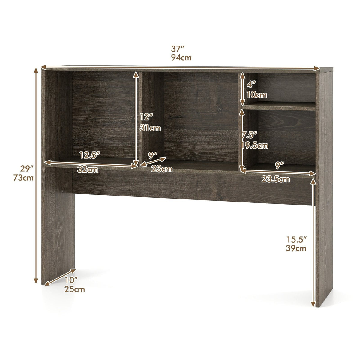 Computer Desktop Bookcase with 4 Cubbies and Open Back Compartment-Gray