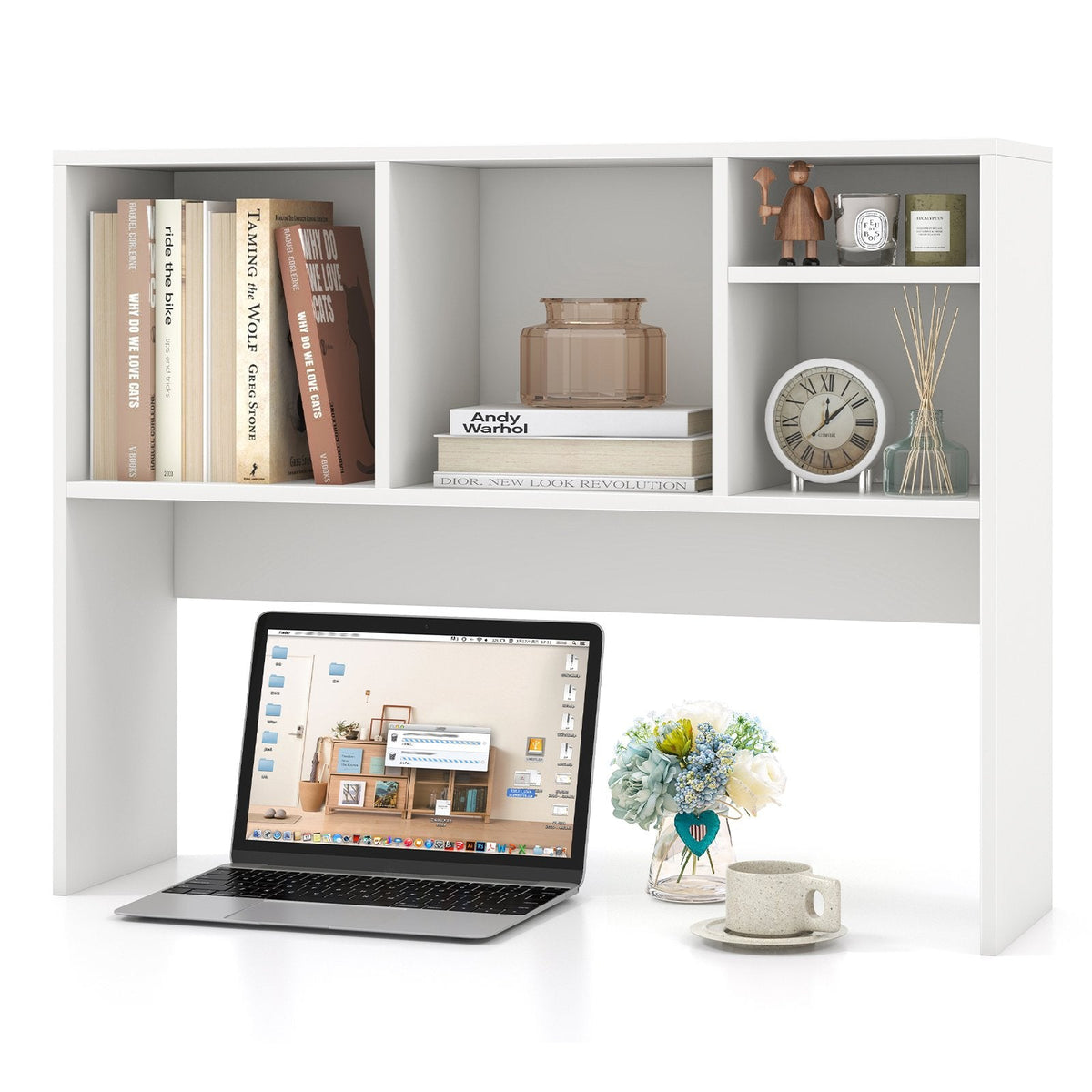 Desktop Bookcase with 4 Cubbies and Open Back Compartment, White