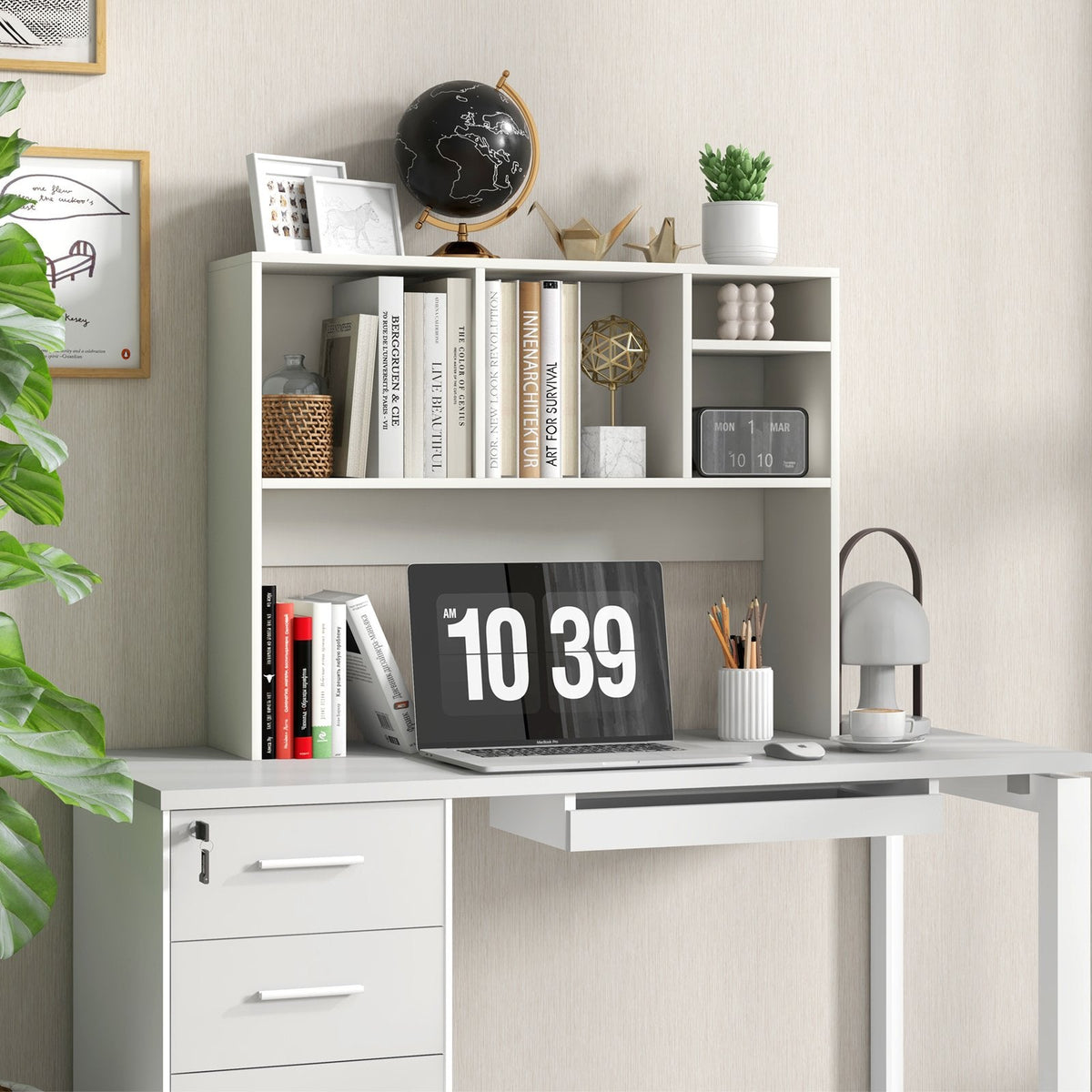 Desktop Bookcase with 4 Cubbies and Open Back Compartment, White