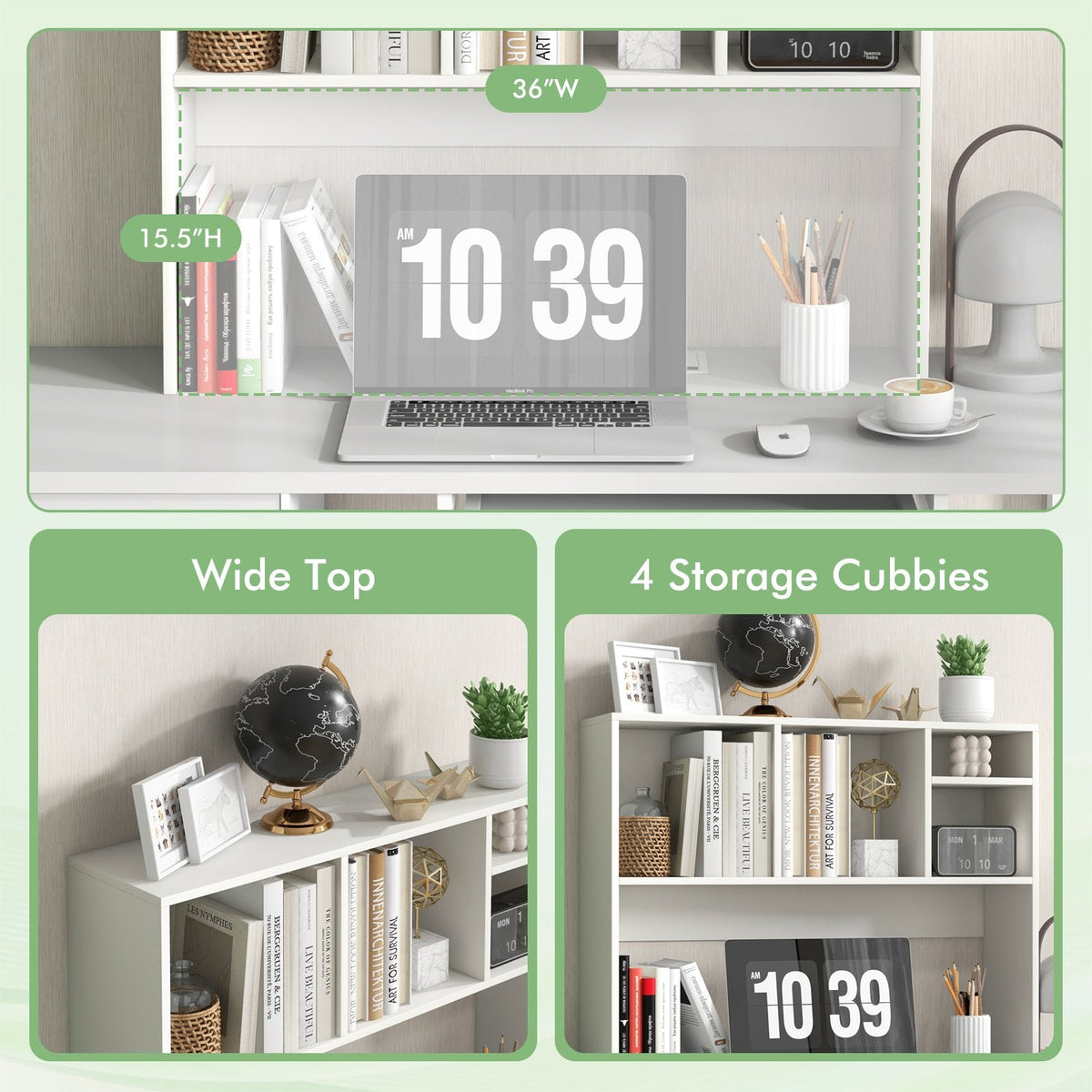 Desktop Bookcase with 4 Cubbies and Open Back Compartment, White