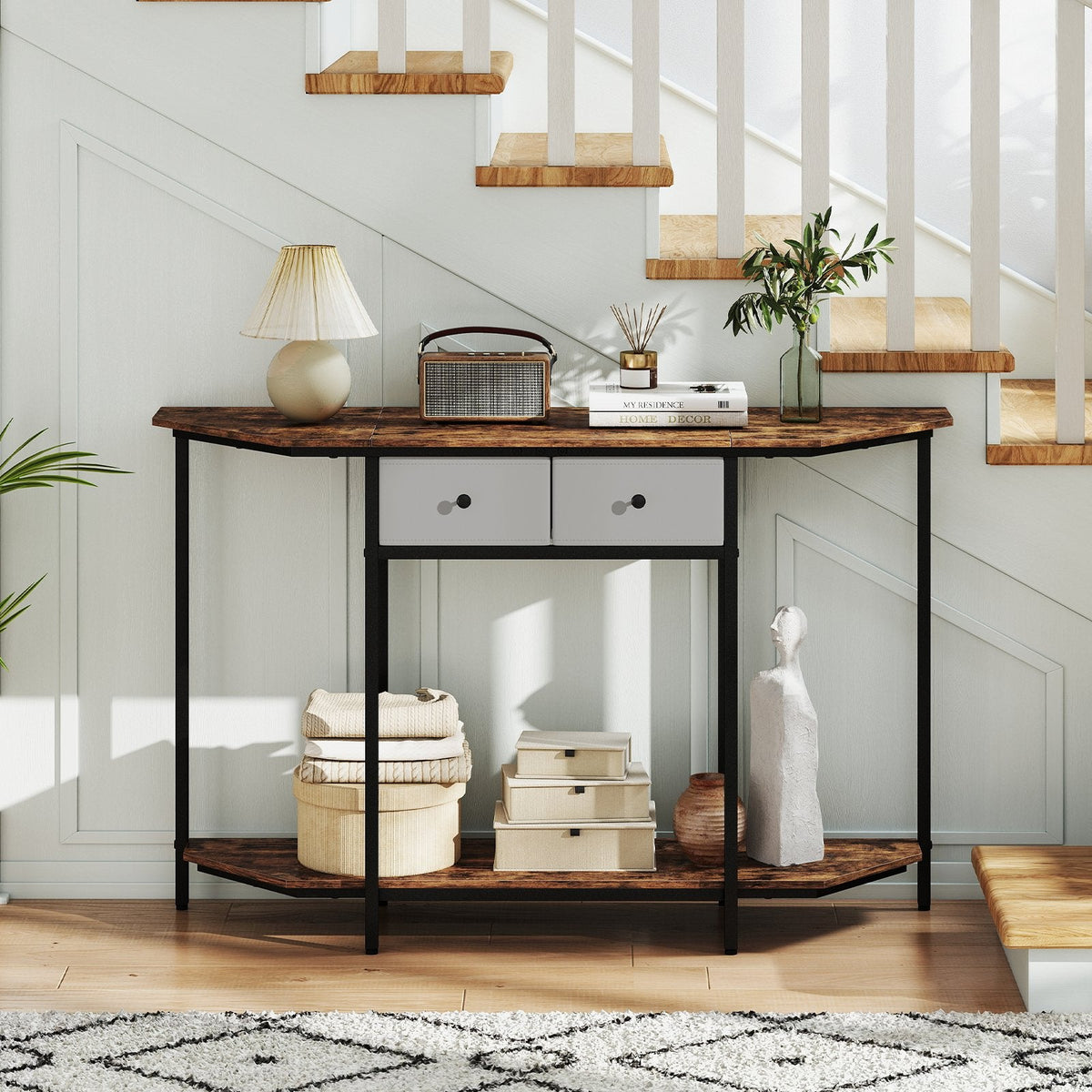 Console Table with 2 Drawers and Open Storage Shelf-Rustic Brown