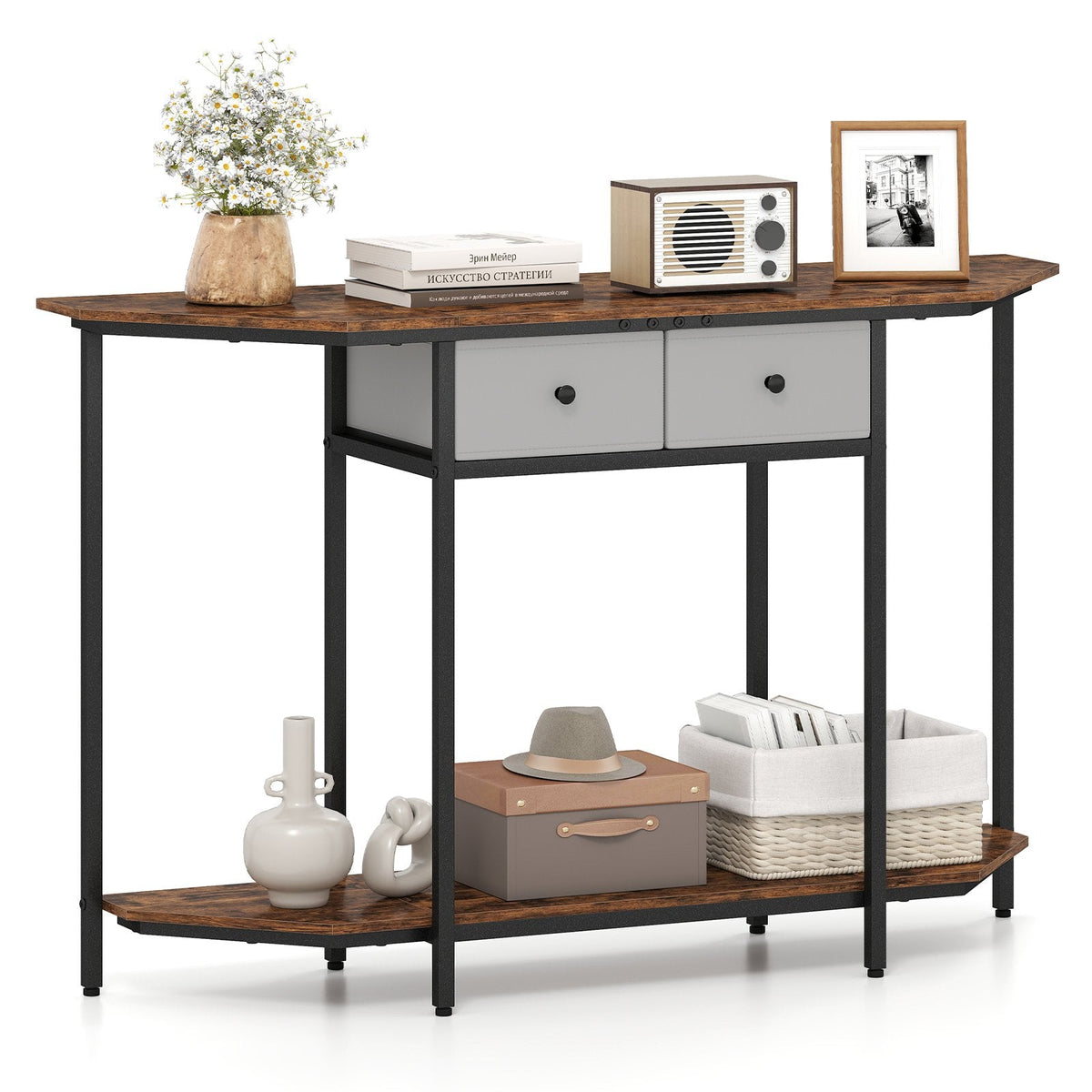 Console Table with 2 Drawers and Open Storage Shelf-Rustic Brown