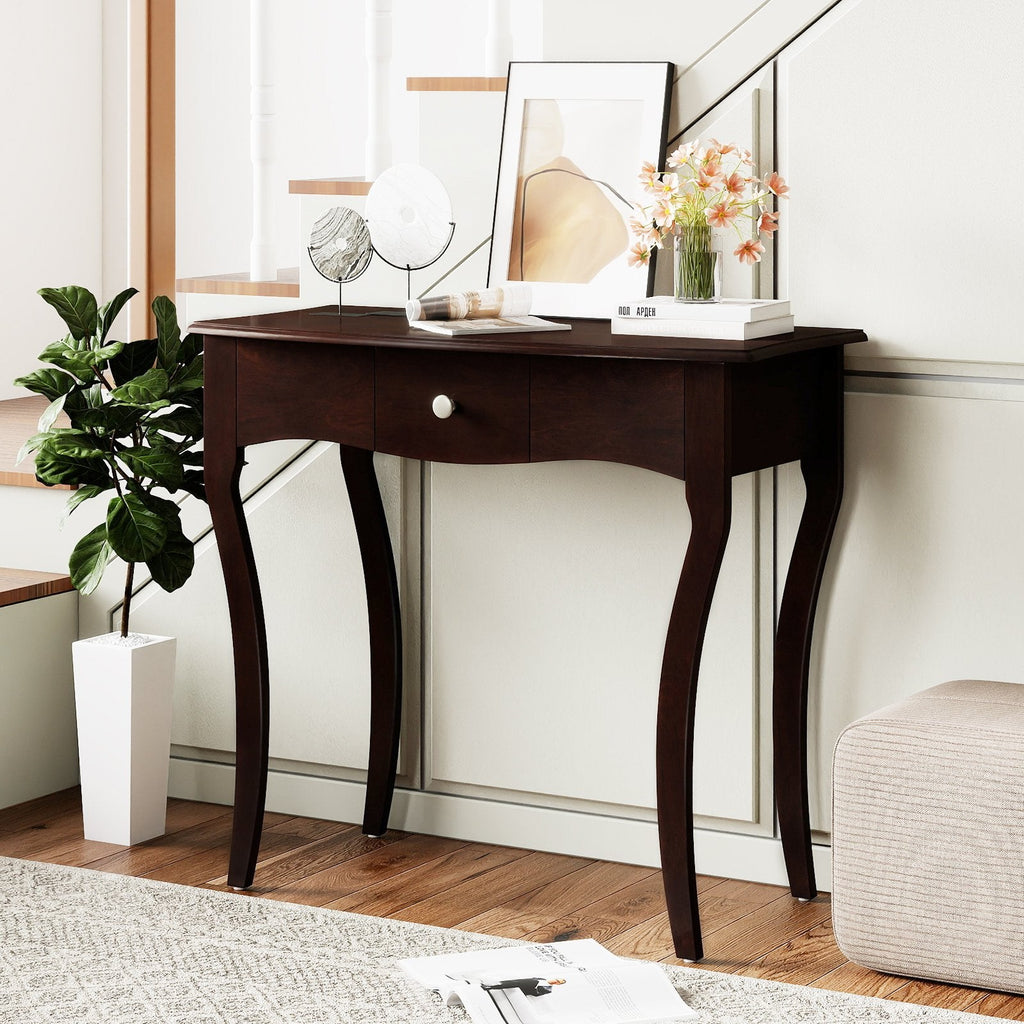 Console Table with Drawer and Solid Wood Frame-Espresso