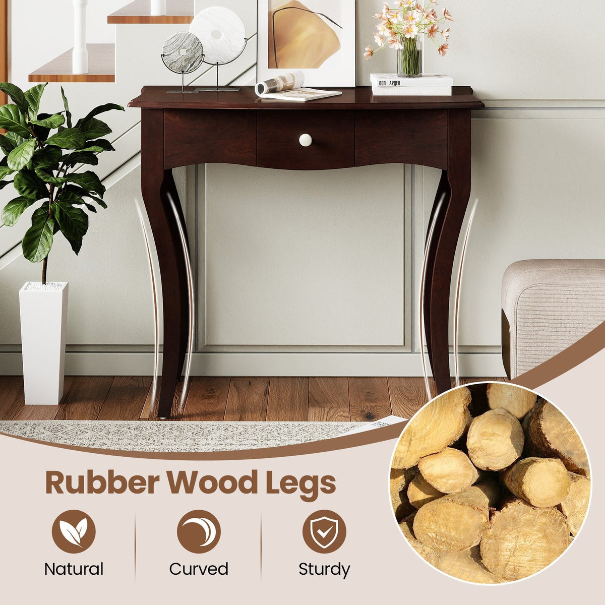 Console Table with Drawer and Solid Wood Frame-Espresso
