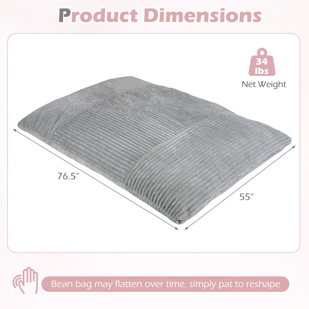 Convertible Bean Bag Floor Sofa with Machine-washable Corduroy Cover-Gray