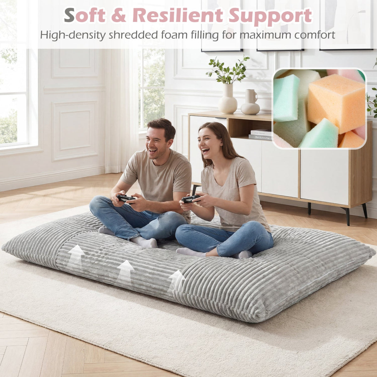 Convertible Bean Bag Floor Sofa with Machine-washable Corduroy Cover-Gray