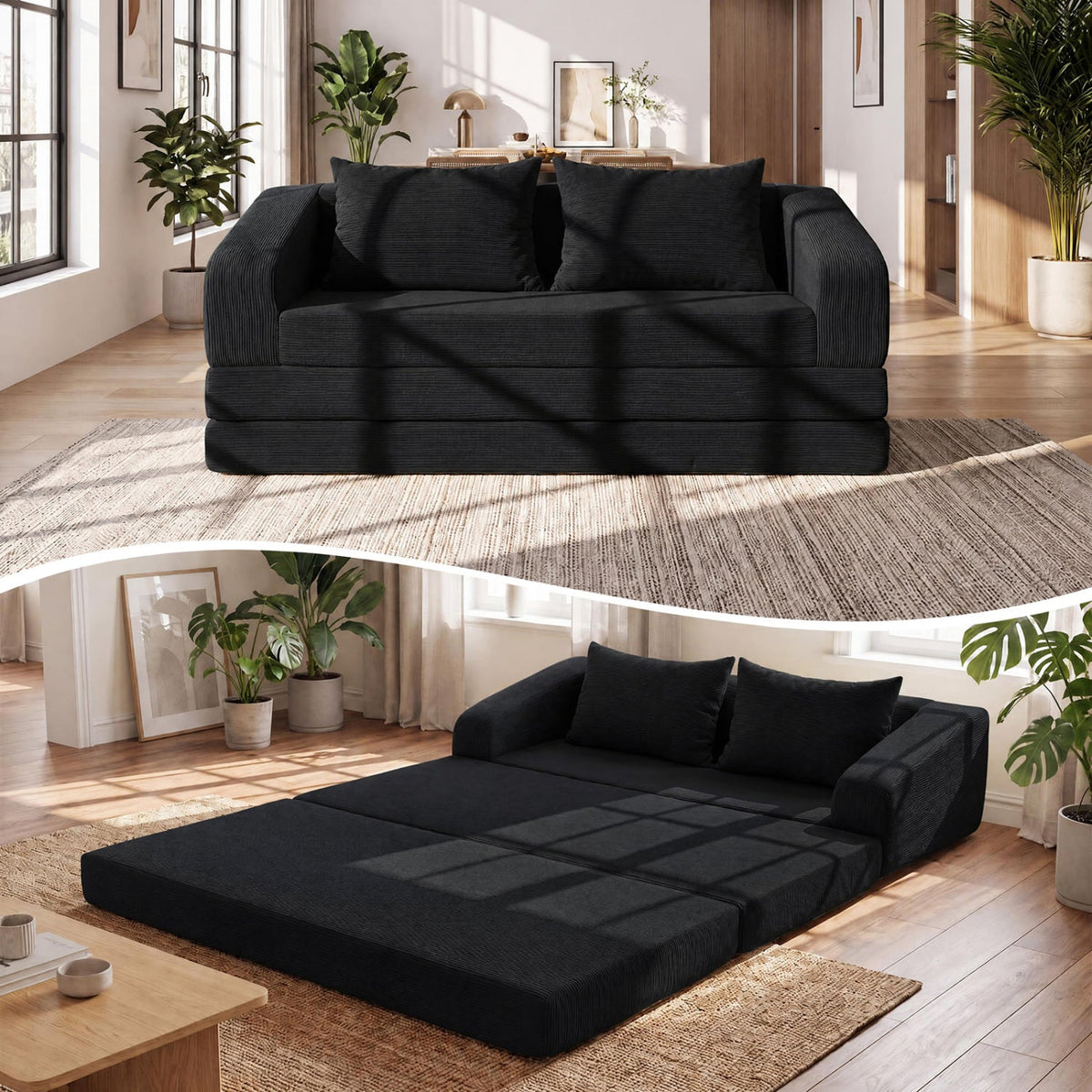 Black Corduroy Foam Sleeper Loveseat, 61 in Sofa that Opens to a 61 by 85 in Bed, No Mechanism