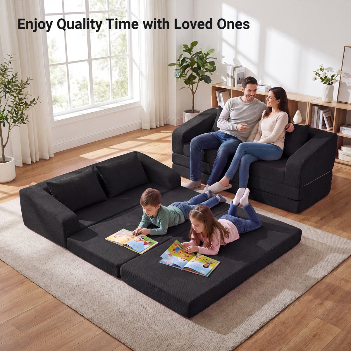 Black Corduroy Foam Sleeper Loveseat, 61 in Sofa that Opens to a 61 by 85 in Bed, No Mechanism