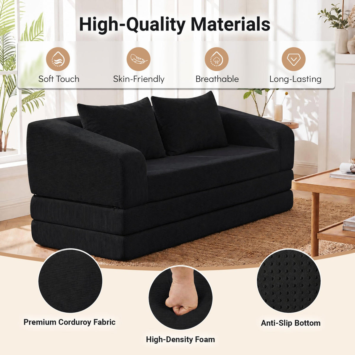 Black Corduroy Foam Sleeper Loveseat, 61 in Sofa that Opens to a 61 by 85 in Bed, No Mechanism